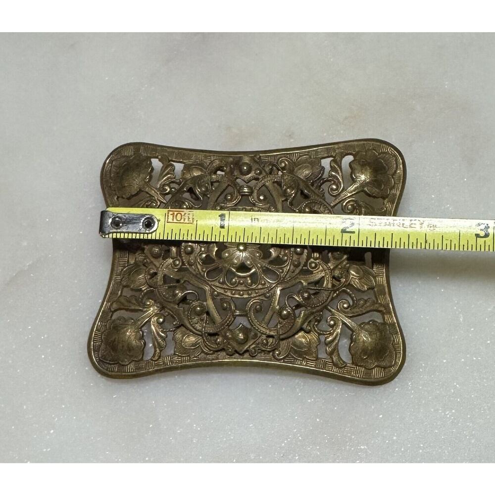 Antique Art Nouveau Rectangle Buckle Brass Brooch Pin Open Work Estate - Picture 5 of 5